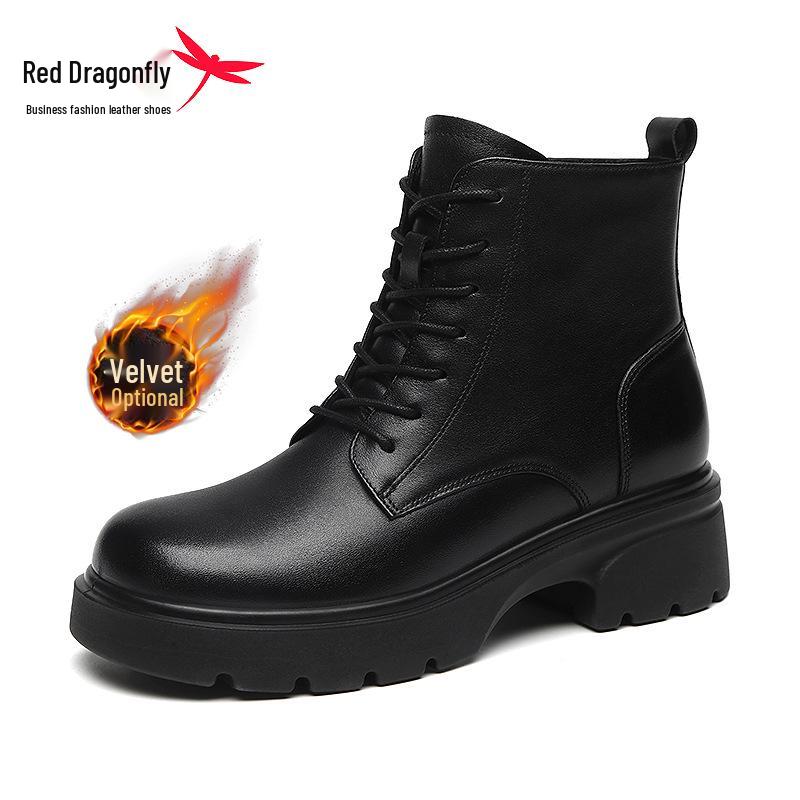 Red Dragonfly Women's British Style Real Leather Winter Boots Thick-Soled Velvet Short Martin Boots, 2024 New Arrivals