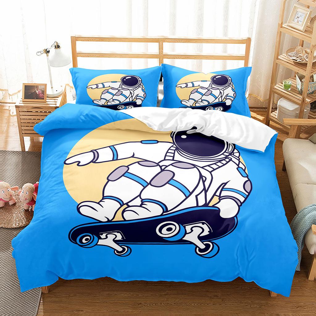 Astronaut Skateboard Duvet Cover Set King Queen Full Size For Kids Boys Girls Bedding Set Cartoon Style Polyester Quilt Cover