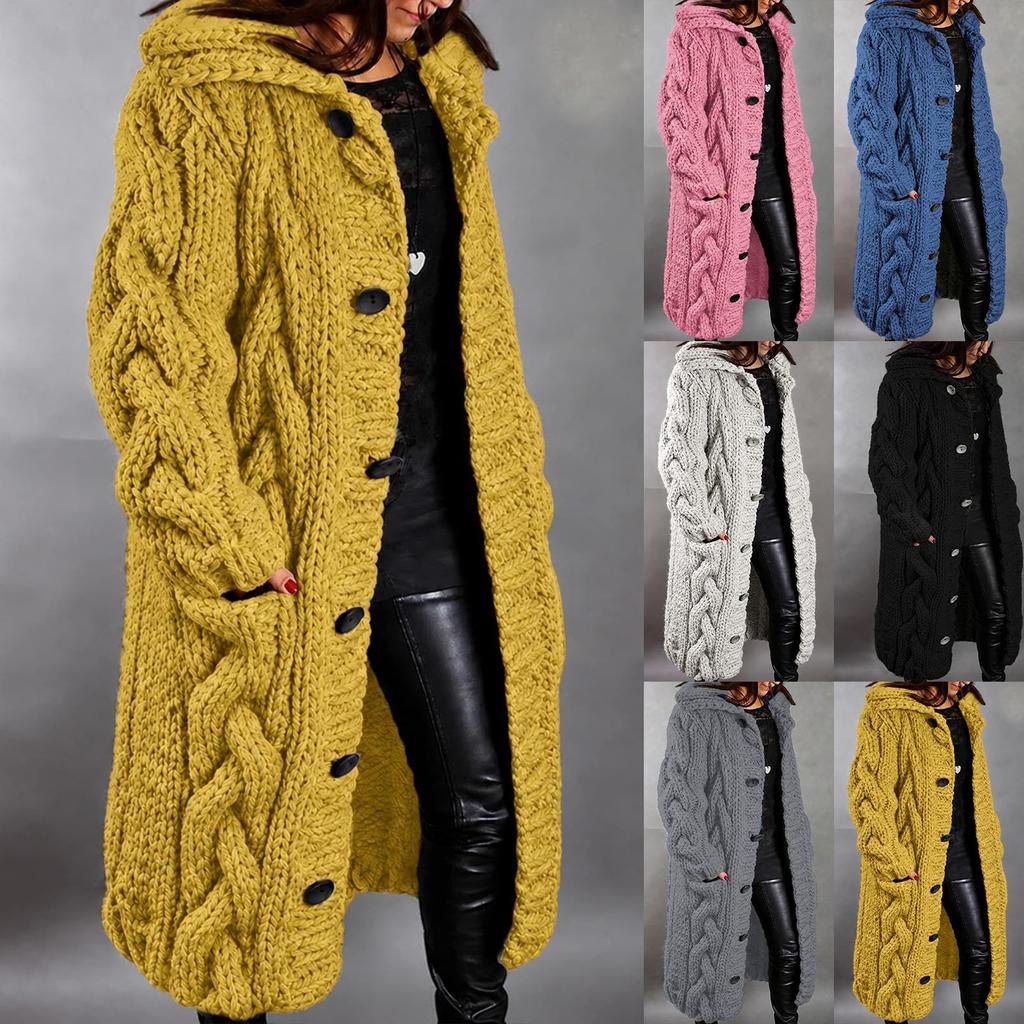 Women Hood Cardigan Large Size Sweater Pocket Single Breasted Long Sleeves Coat