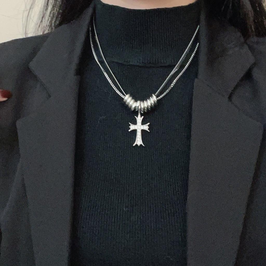 Cool hip-hop double-layer cross necklace autumn and winter new fashion design sweater chain unisex accessories