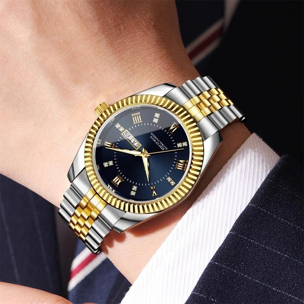 Armbanduhr für Herren Edelstahl Datum Quarz Uhr Wasserdicht Leuchtend Lässige Uhren