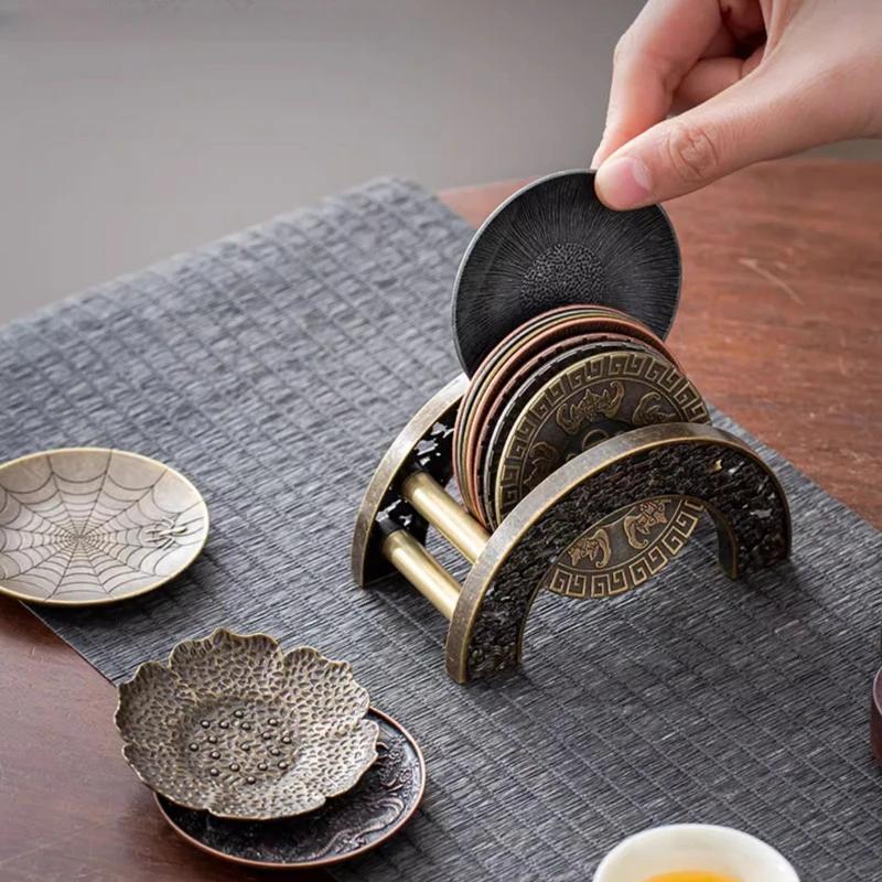 Japanese Style Antique Copper Coasters Retro Anti Scalding Heat Insulation Cup Holder Mat Pad Kung Fu Tea Ceremony Accessories
