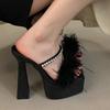 Sexy Slippers Women Rhinestone Fluffy Feather Sandals Platform Chunky High Heels Party Nightclub Ladies Mules Shoes