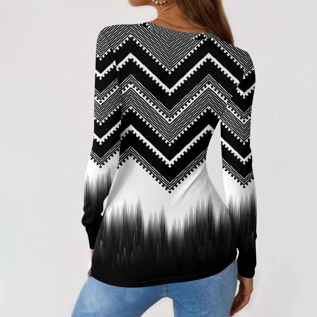 T-shirt da donna slim fit alla moda casual con stampa sfumata, girocollo, pullover a maniche lunghe