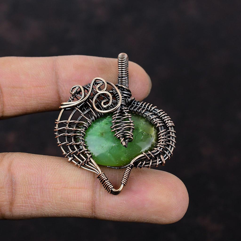 Chrysoprase Copper Wire Wrapped Pendant Natural Gemstone Pendant Copper Wire Jewelry Handmade Latest Design Pendant Unique Jewelry For Gift