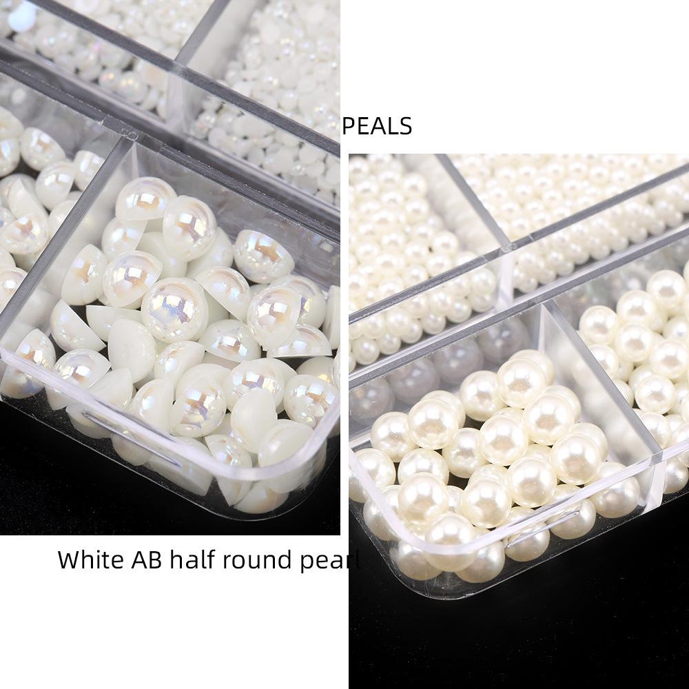 6-Grid Nail Art Pearl Ab Symphony Semicircle Abs Pearl Small Steel Ball Mixed Nail Jewelry