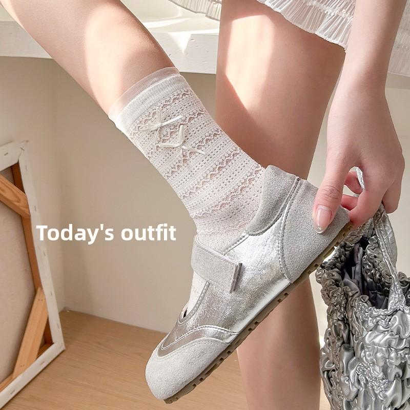 White Bow-knit Socks - Mid-calf Length Socks, Summer and Spring Lightweight Breathable Ballet-style Pure Cotton Layered Socks