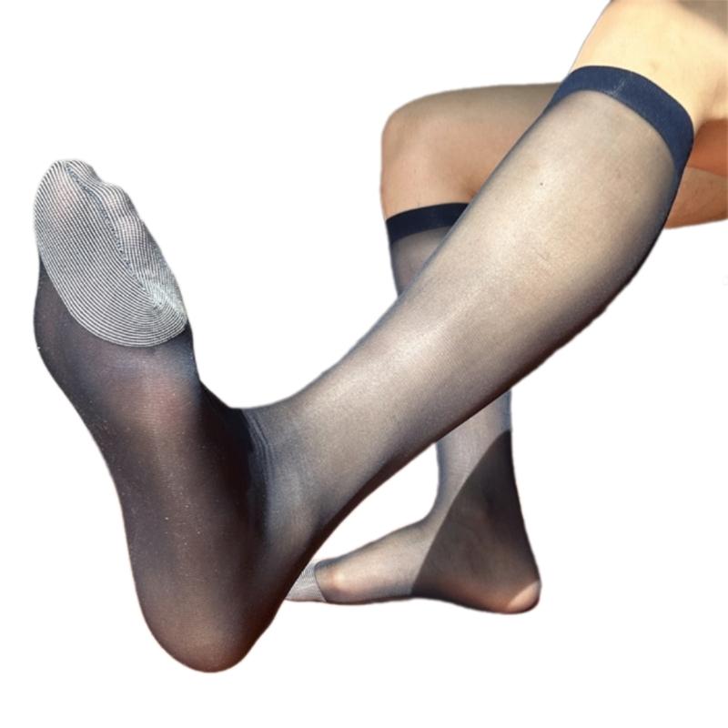 Men's Over The Calf Dress Socks Breathable Fabric Thin See Through Nylon Stockings for Formal Event and Business Meeting