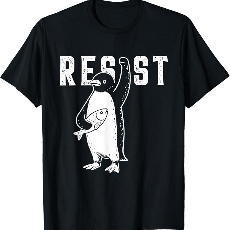 Resist Penguin with Fish Graphic T-shirt