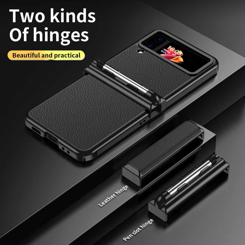 With Touch Pen 2 Pcs Hinge Phone Case For Samsung Galaxy Z Flip 4 Flip4 5g Case Pen Slot Plating Leather Back Cover Capa