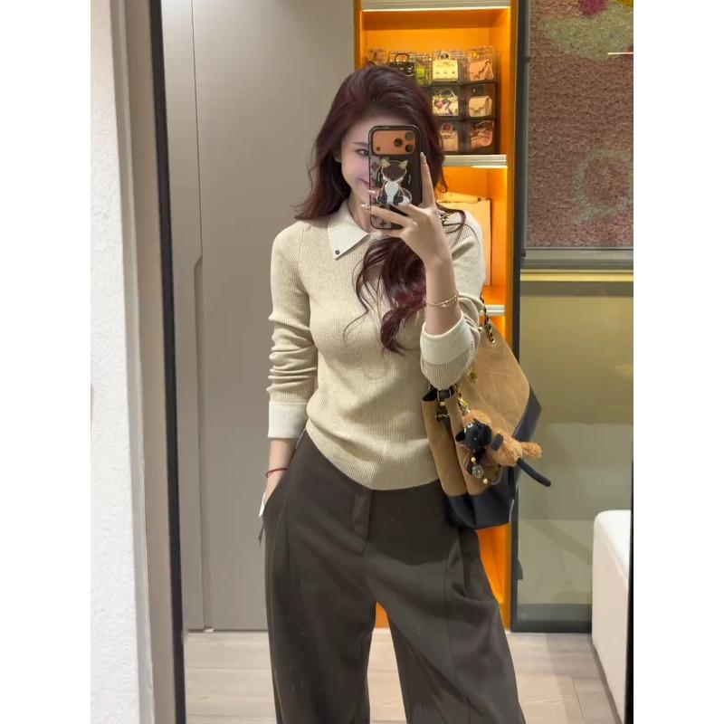 Fashionable Olo Shirt Contrasting Knitted Sweater Women's Autumn and Winter New Slim Inner Top with Long Sleeves On the Front Shoulder