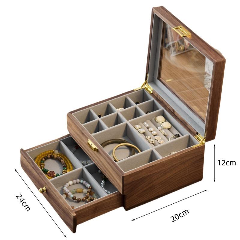 Retro Jewelry Trinket Box Large Capacity Bracelet Storage Boxes Transparent Glass Jewellery Display Cases Wooden Rings Case