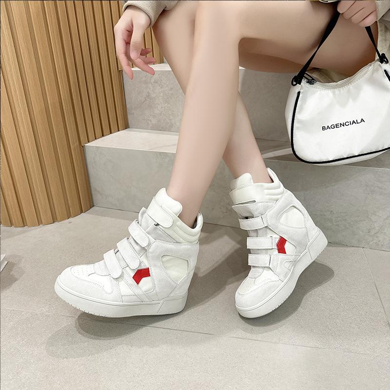 Genuine Leather 7CM Inner Height-increasing High-top White Shoes for Women Autumn New Velcro Casual Sports Short Boots