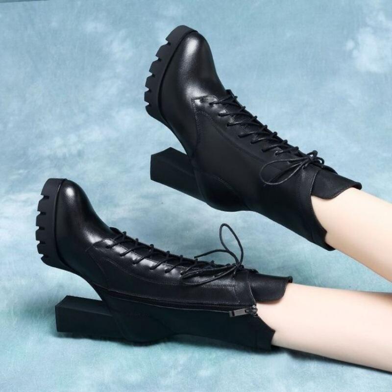 Autumn and Winter New High-heeled Medium Boots Martin Boots Women's Leather Boots Thick Heel Velvet Warm Women's Cotton Shoes Short Boots Women'