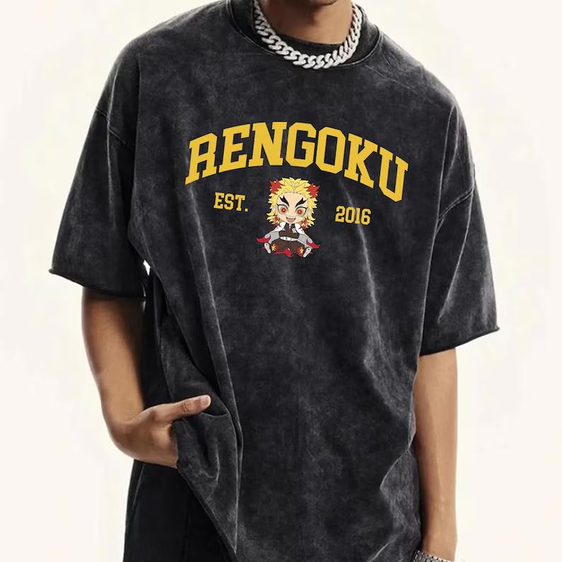 

Rengoku Kyoujurou Demon Slayer Graphic T Shirt Men Short Sleeve Cotton Tshirts Vintage Washed Tee Harajuku Oversized T-shirt XXL чёрный