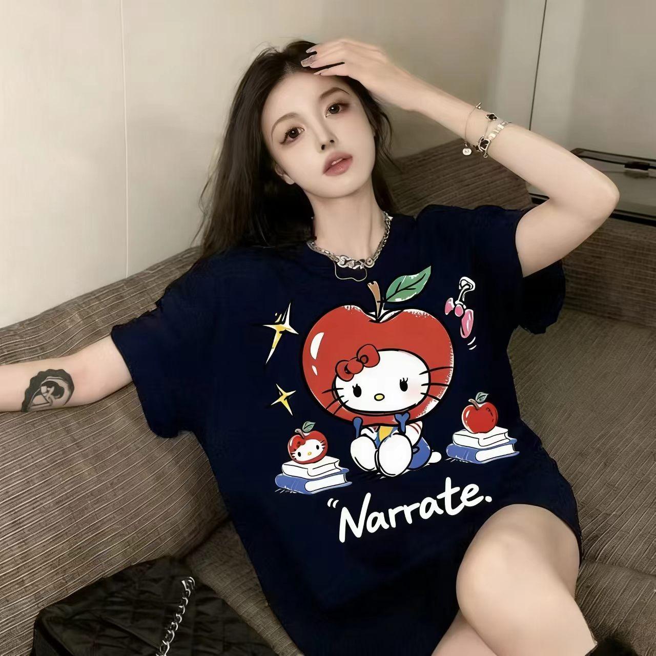 

Футболка Hello Kitty с коротким рукавом из мягкого хлопка, повседневная, с круглым вырезом, милый мультяшный принт, легкий летний топ для женщин, для повседневной носки S