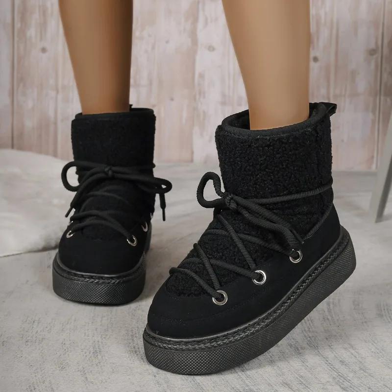 Fashion Fashion Lace Up Design Platform Womens Snow Boots Winter Faux Fur Flats Wool Warm Cotton Shoe Anti-slip Short Boot Botas
