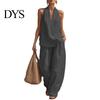 Einfaches Elegantes Anzug Zweiteiliges Baumwoll Leinen Sets für Damen Ärmellos V-Ausschnitt Lässig Formell Tragen Neckholder Top Passende Weite Hosen Sommerurlaub