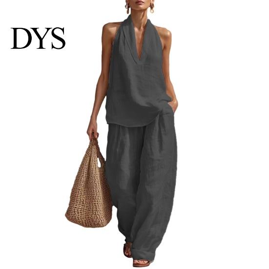 Einfaches Elegantes Anzug Zweiteiliges Baumwoll Leinen Sets für Damen Ärmellos V-Ausschnitt Lässig Formell Tragen Neckholder Top Passende Weite Hosen Sommerurlaub