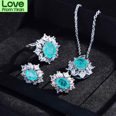 Paraiba Turmalin Ädelsten Bländande Smyckesset Mode Örhängen Vigselring Hängsmycke Halsband Set 925 Sterling Silver Gåva