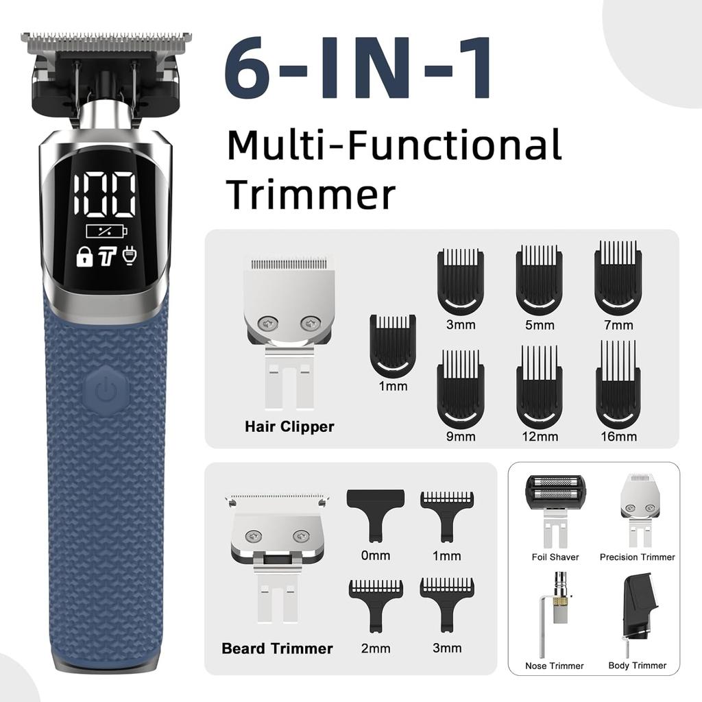 6-in-1 Professional Beard Trimmer for Men, IPX6 Waterproof Electric Shaver Razor, Cordless Body Hair Trimmer for Mustache, Nose, Type-C Mens Gooming