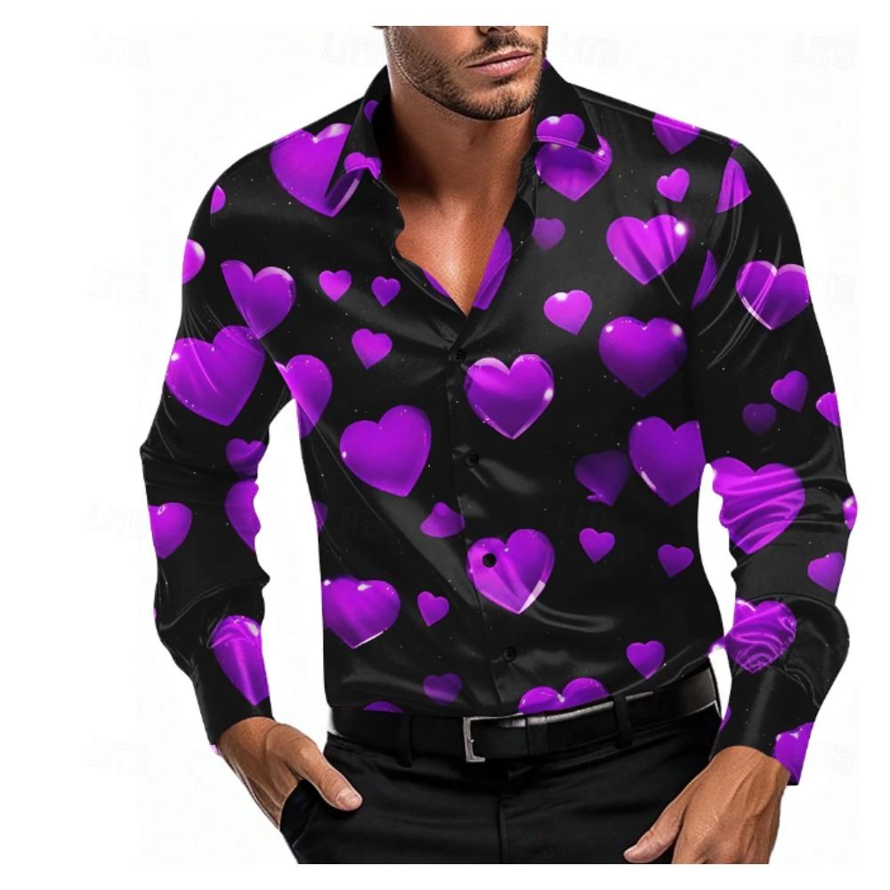 Camicie a maniche lunghe da uomo con stampa a forma di cuore, cardigan casual, nuovi bottoni, camicie per la moda delle vacanze