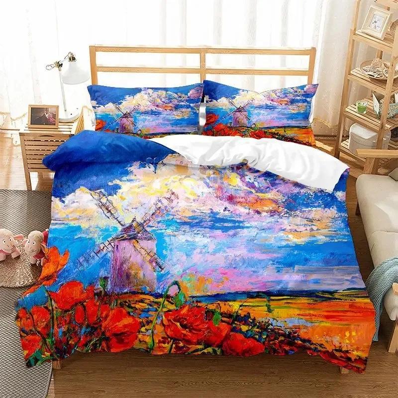 Oil Painting Landscape Duvet Cover King Queen Size Seaside Sunset Colorful Painted Style Art Print Polyester Comforter Cover