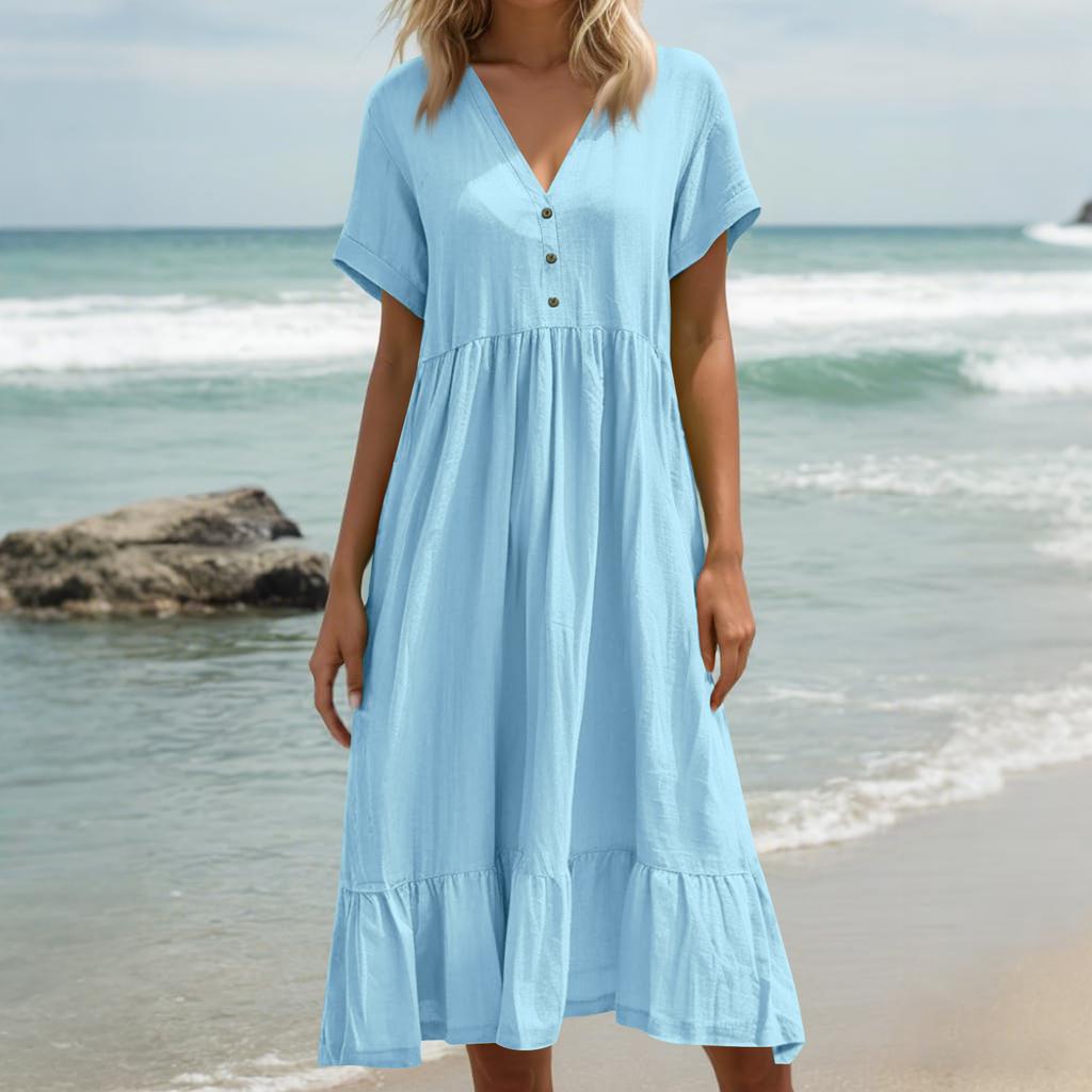Women's Summer Loose V Neck Short Sleeve Dress, Elegant Dress