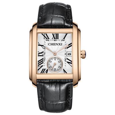 Men's Leather Watch, Seiko Replica: Square Dial, Hand-Wound, Stylish Roman Numeral Watch, Adjustable Leather Strap, Gold