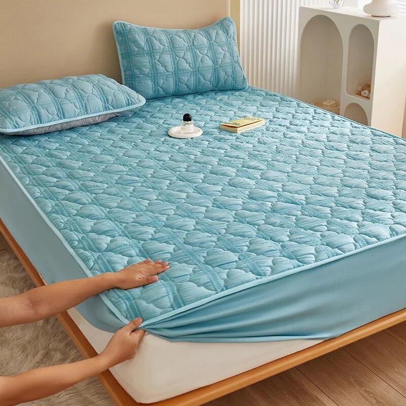 Tejido de Hilo de Burbujas Fresco Pequeño,Algodón Laminado,Sábana Bajera Ajustable 160x200,Funda Protectora de Colchón,Transpirable