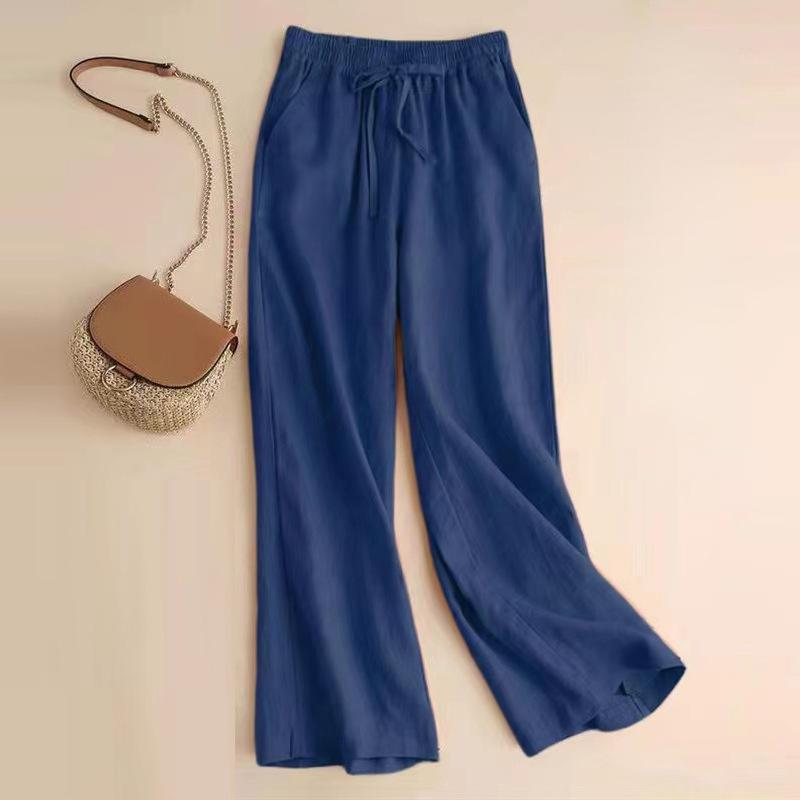 Bumbac, in, pantaloni largi de vară Pantaloni lungi ocazional vintage, de damă, culoare uni, alb, negru, elastic, pantaloni cu talie înaltă