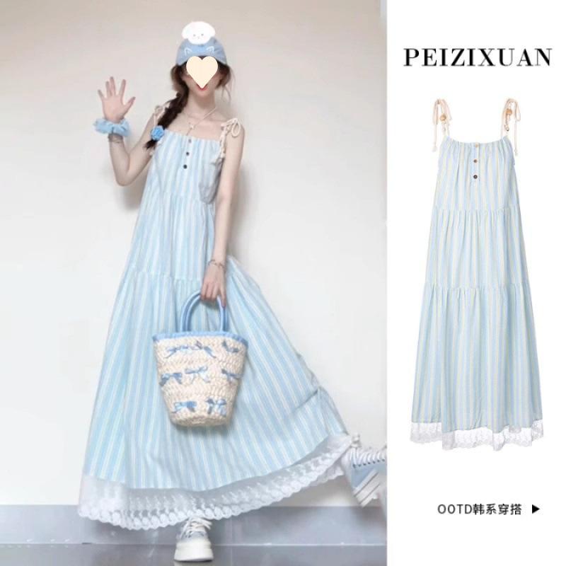 Temperament thin blue sleeveless dress children s summer new high-end seaside vacation dress S