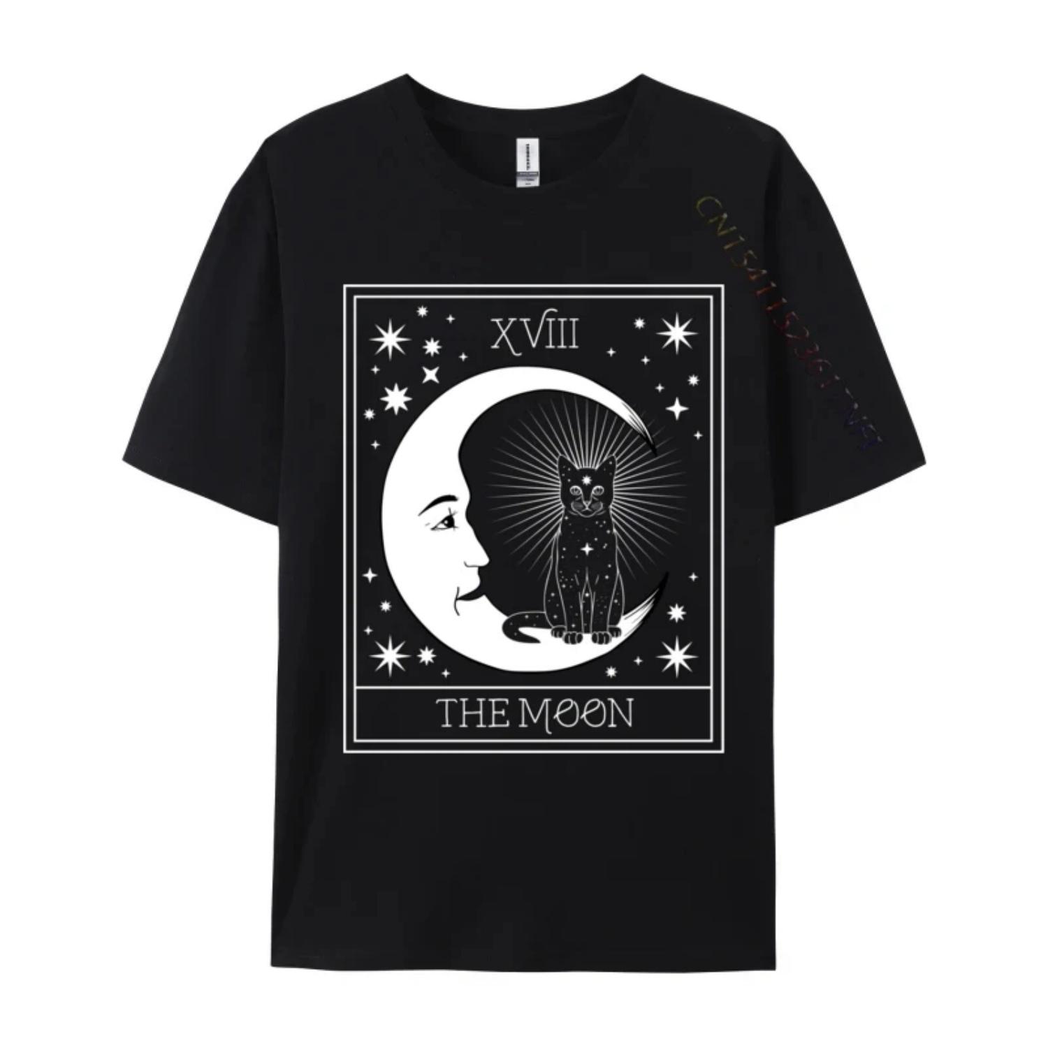 Tarot Card Crescent Moon and Black Cat Cosmic Graphic Classic Prevailing Casual Tshirts Cotton Men T Shirt Custom Tee Shirt S чёрный