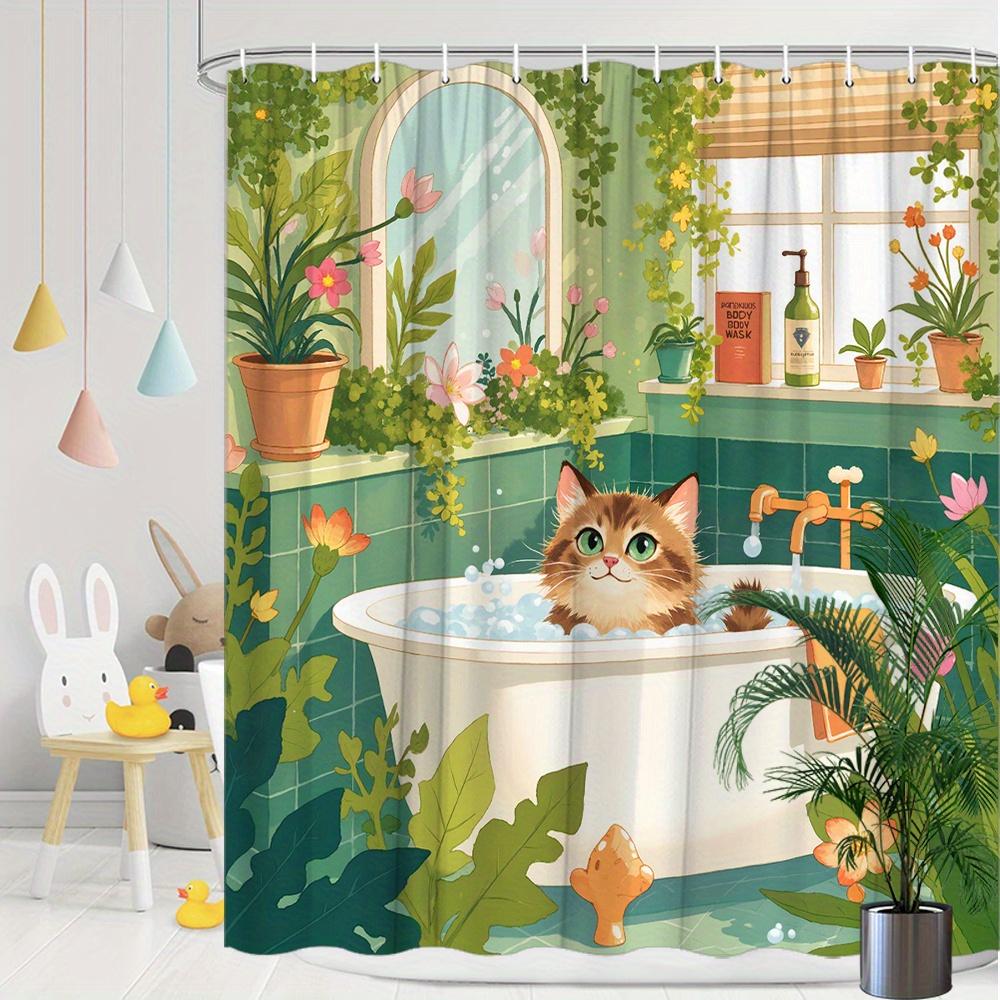 Comfortable Bathroom Shower Curtain With Pattern Of Naughty Tabby Cat In Bathtub For Bathtub Shower Curtain With 12 Hooks,