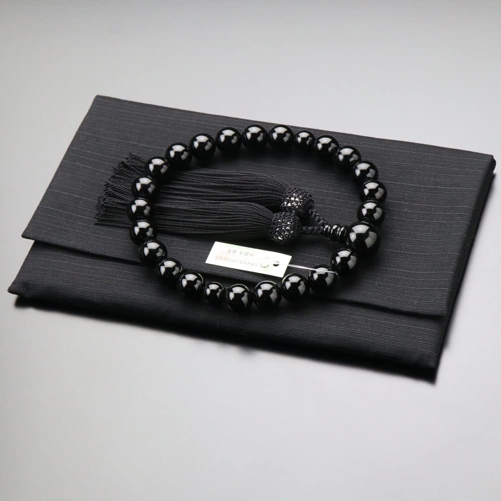 Nenju com Kyoto Buddhist Prayer Beads Juzu for Men, 22 Black Onyx Beads, Pure Silk Black Tassel, All Sects, for Funeral & Memorial, Paulownia Box