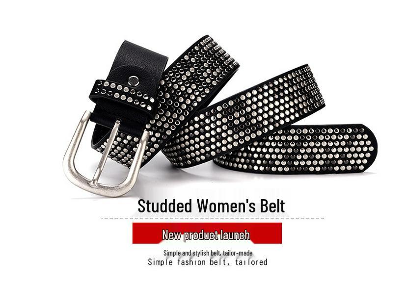 Women's Fashionable Rhinestone Black Leather Belt for Jeans and Formal Wear - Korean Style Trendy