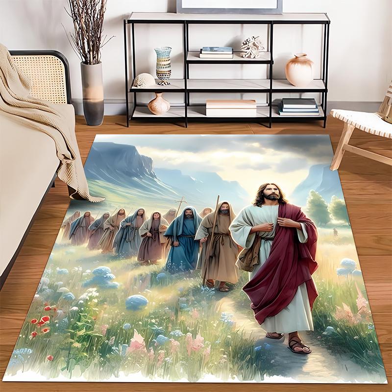 Biblical Scene with Followers on Path, Non-slip rug suitable for living room and bedroom sofas.