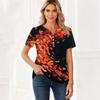 Women's Casual Short Sleeve V-Neck T-Shirt with Leaf Print and Decorative Buttons