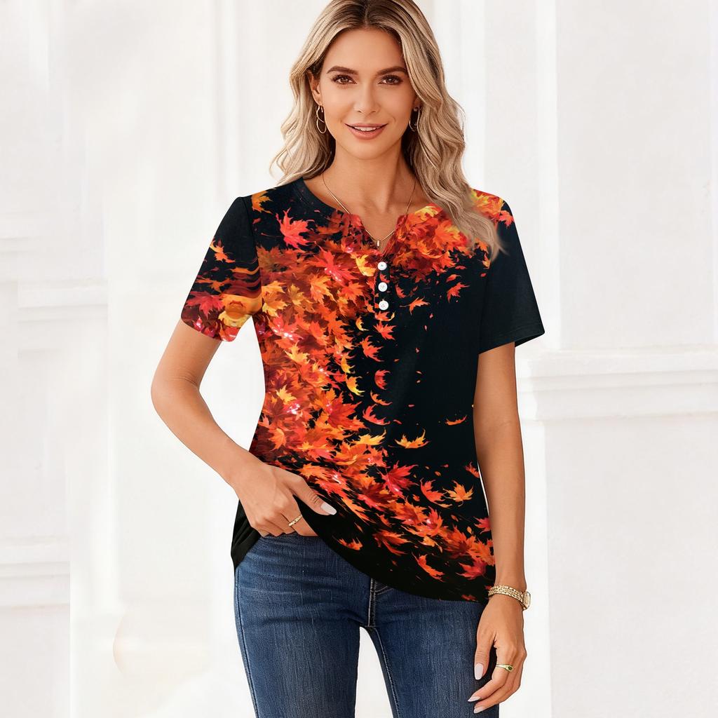 Women's Casual Short Sleeve V-Neck T-Shirt with Leaf Print and Decorative Buttons