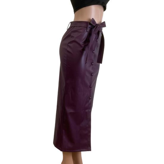 Women Skirt Faux Leather High Waisted Front Slit Hip Wrapped Skirt with Belt Buttons Closure Commuting Street Skirt