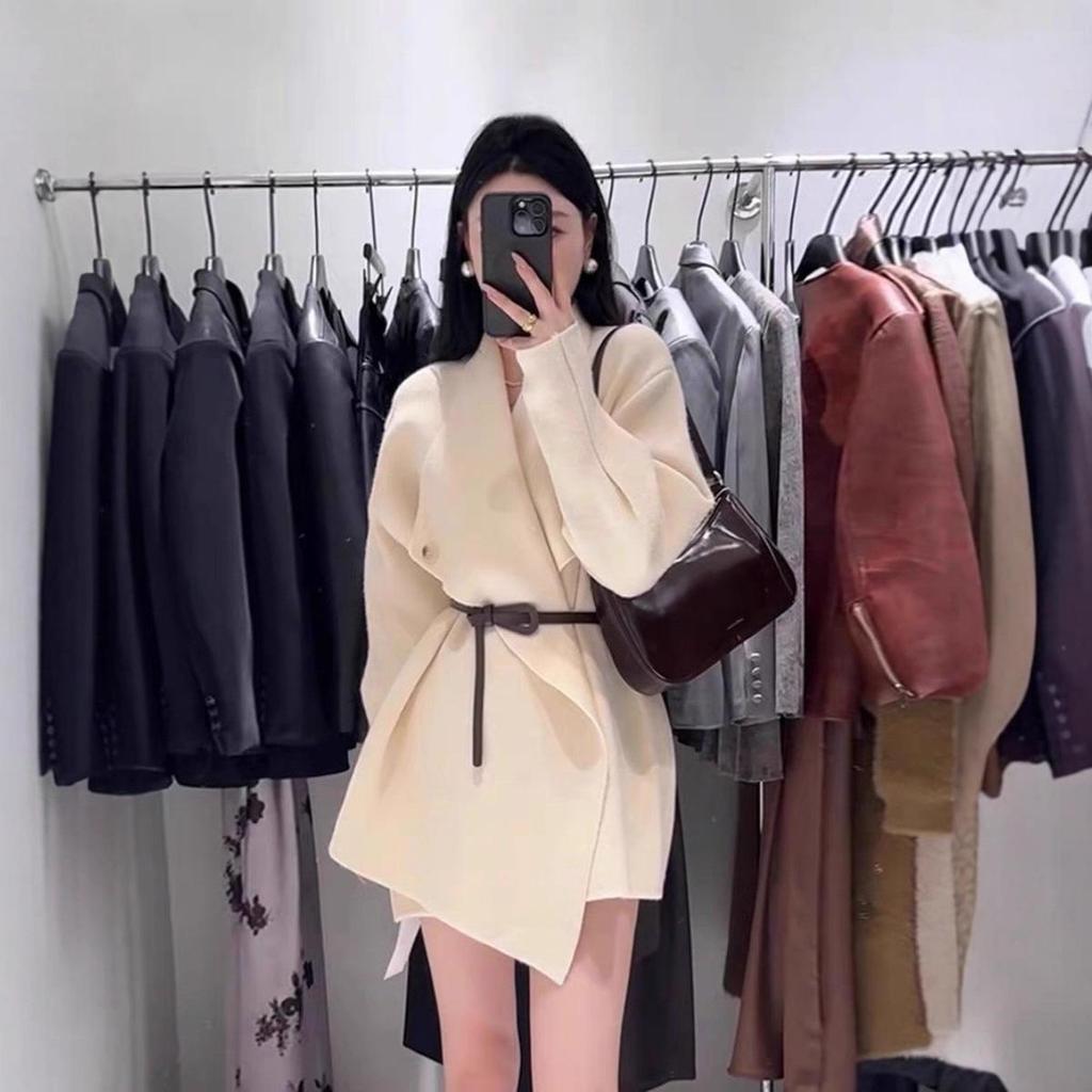 Women's 2025 New Autumn/Winter Knitted Waist-Cinching Cardigan - High-end, Solid Color, Mid-Length, Thick.