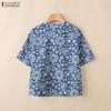 ZANZEA Women Retro Print Casual Round Neck Short Sleeve Open Front Cardigan Tops
