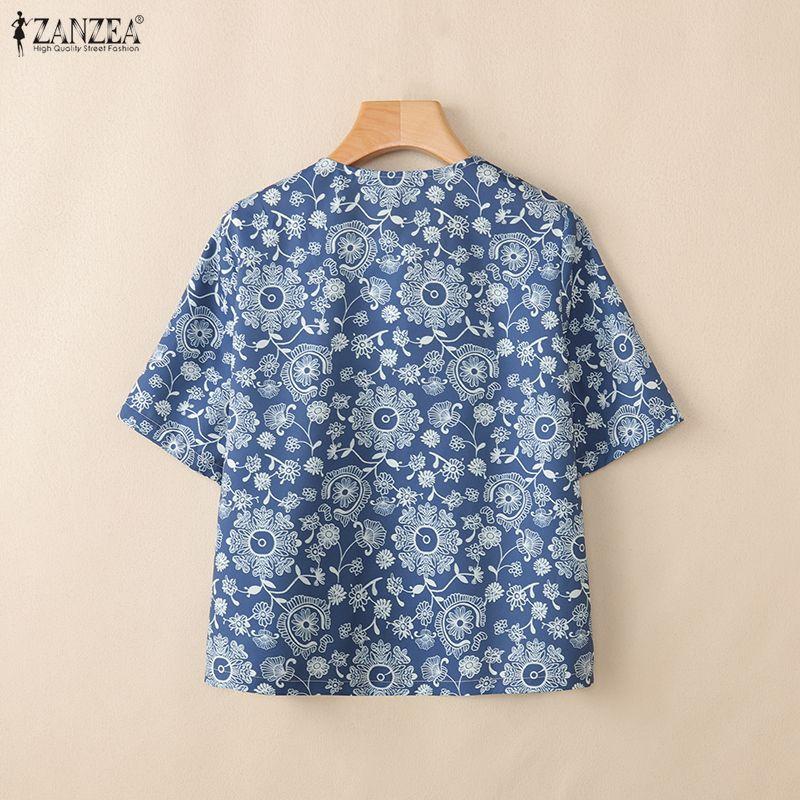 ZANZEA Women Retro Print Casual Round Neck Short Sleeve Open Front Cardigan Tops