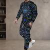 Men Plus Size Black Blue Green Printed Round Neck Long Sleeve Top Cuffed Pants Two Piece Set