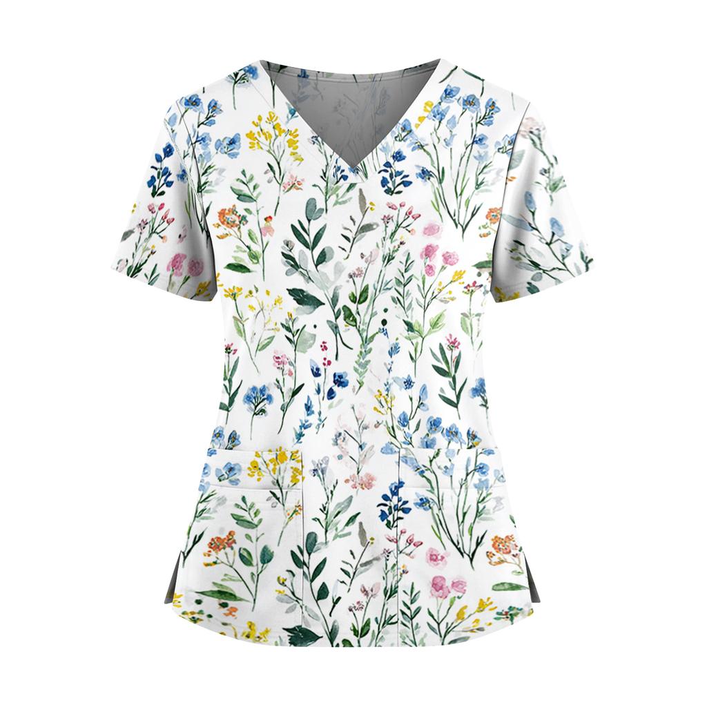 Women's floral print V-neck double pocket short-sleeved uniform/caregiver top with slits at the hem