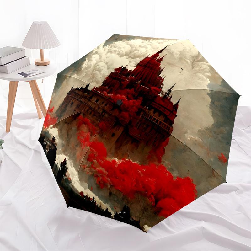 1pc Fantasy Castle Auto Windproof Umbrella 8 Rib Portable Folding Black Iron Frame for Outdoor, Beach, Travel, Beach Umbrella111