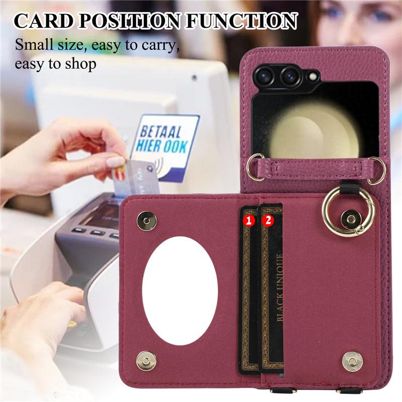 Husă pentru telefon cu suport din piele pentru Samsung Galzxy Z Flip 5 4 3 Husă pentru carte de portofel cu inele Flip5 Flip4 Flip3 Geantă cu șnur