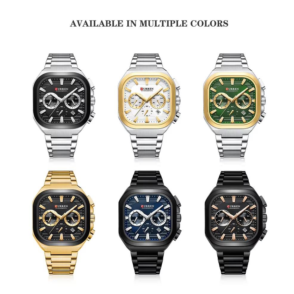 Mens Square Chronograph Watches Stainless Steel Wrist Watch with Date Luminous Hands Waterproof