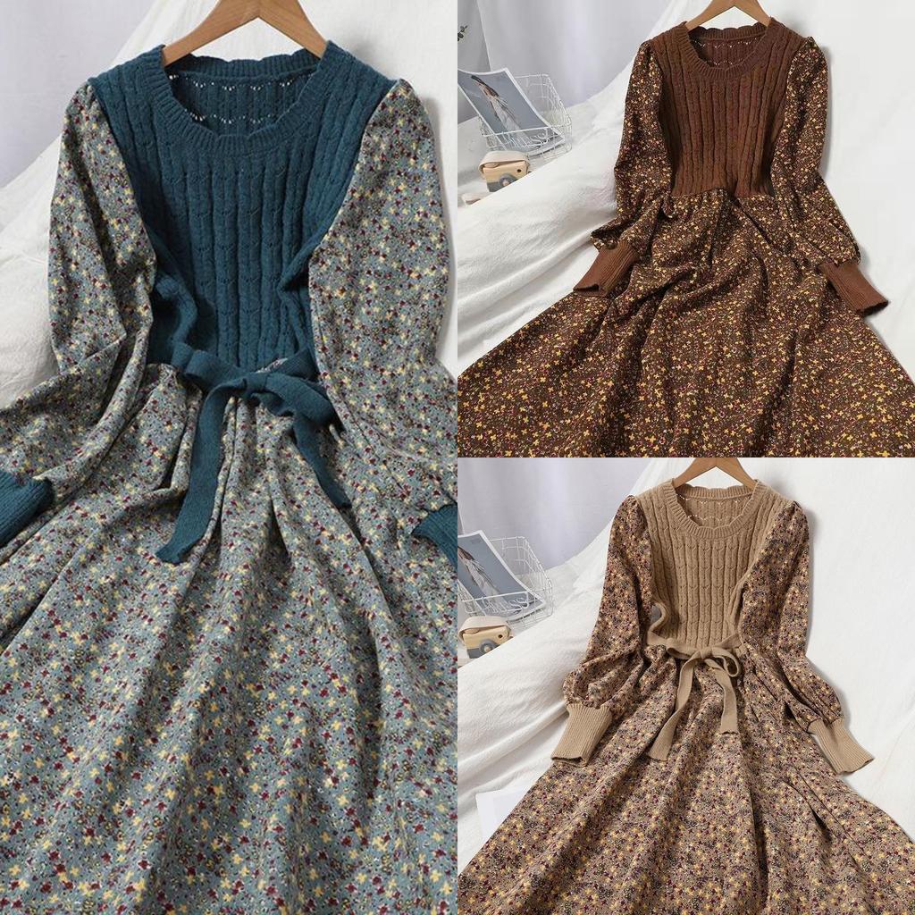 Spring Knitted Long Dress Versatile Corduroy Floral Dress For Women