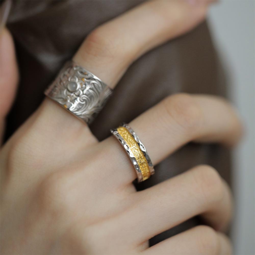 Unique Open Ring Handcrafted Floral Engraved Two Tone Gold Plated Adjustable Fashion Jewelry for Women